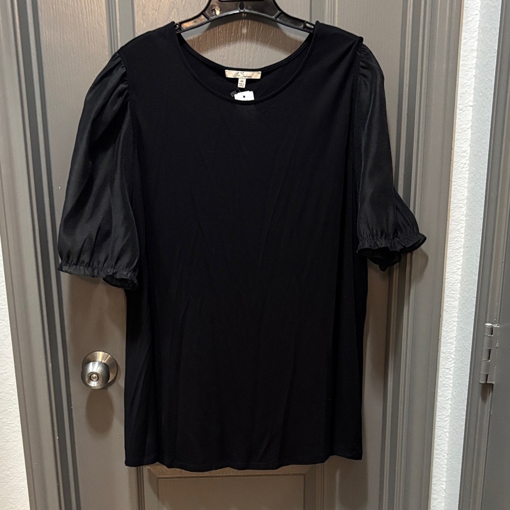 Black Soft Knit Top With Organza Puff Sleeves